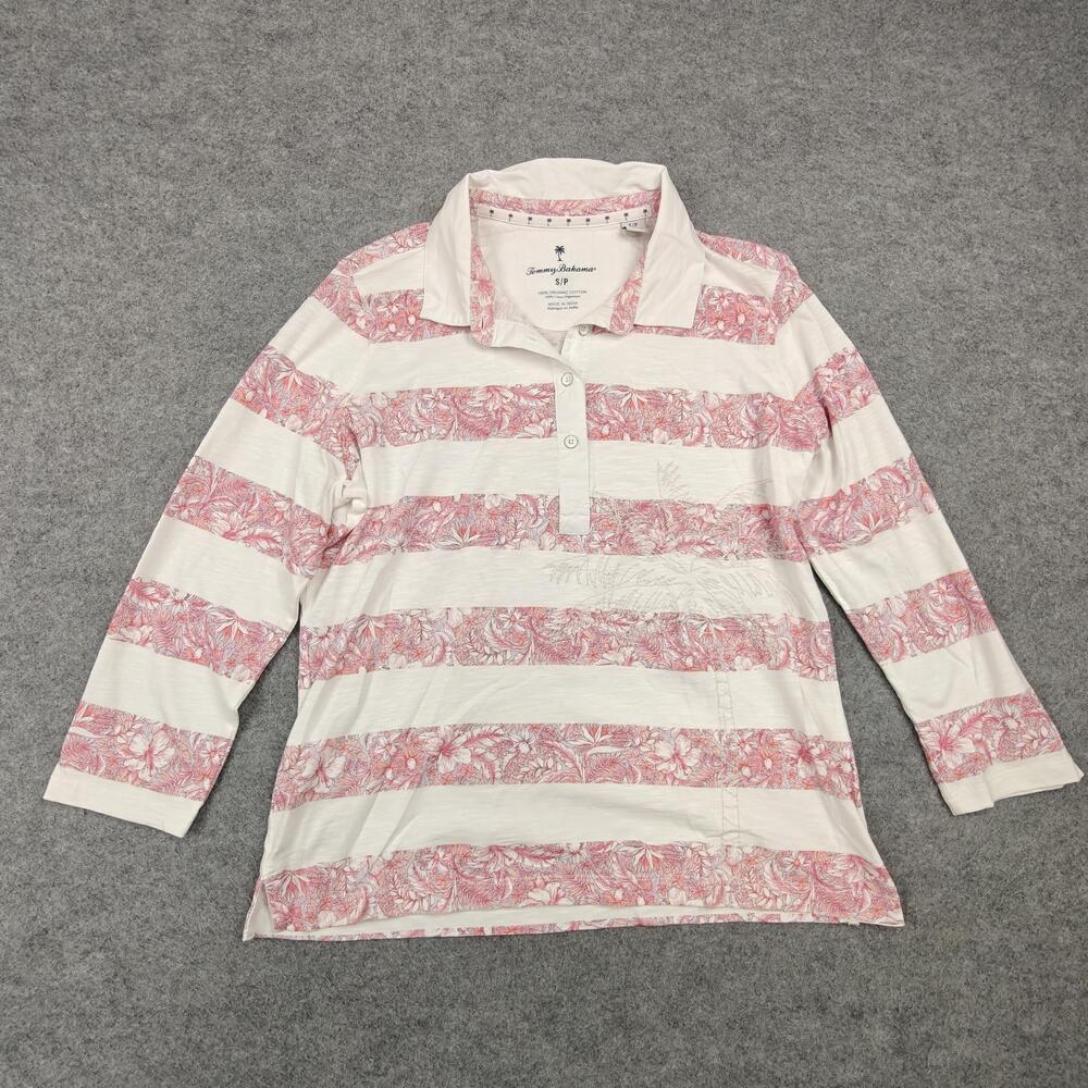 Tommy Bahama Polo Tunic Womens Small White Striped Floral Embroidered Cotton